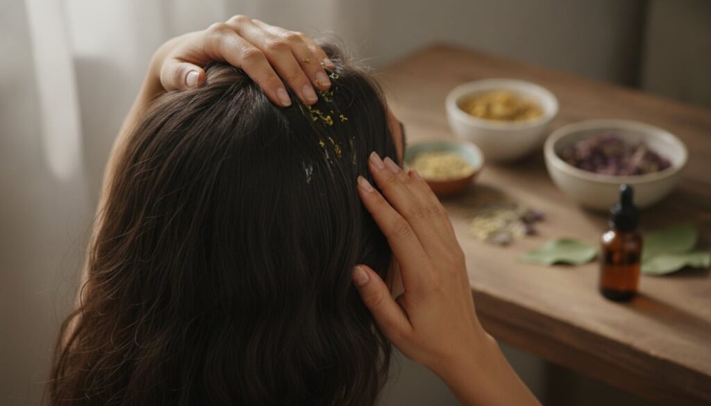 A woman gently massaging a small amount of homemade herbal oil into her scalp with her fingertips showing a close-up of