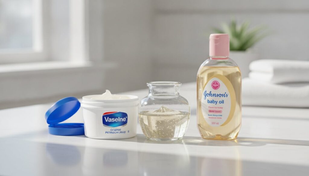 A small clear glass jar filled with the prepared Vaseline and baby oil blend next to the original Vaseline tub and baby 