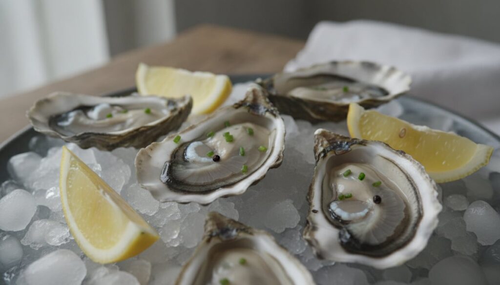 A plate of fresh raw oysters on the half shell served on a bed of ice with lemon wedges The oysters look plump and glist