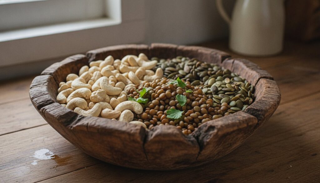 A rustic wooden bowl filled with a colorful mix of raw cashews roasted pumpkin seeds and cooked lentils representing hea