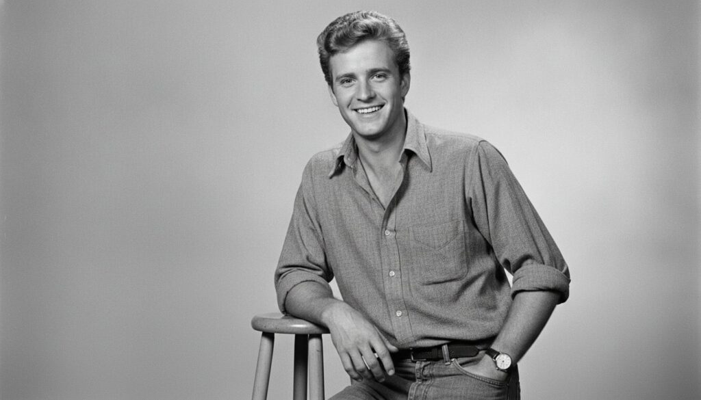 A vintage publicity photo of a younger Michael Douglas showcasing his early career and individual style before he became