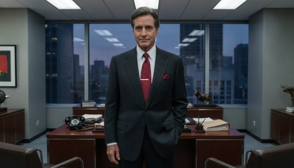 Michael Douglas in character as Gordon Gekko from the movie Wall Street wearing a suit and looking assertive representin