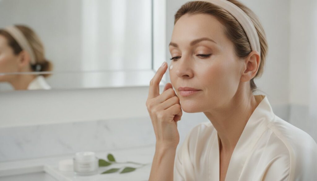 A woman gently applying the Vaseline and green capsule mixture to her face focusing on areas like fine lines around her