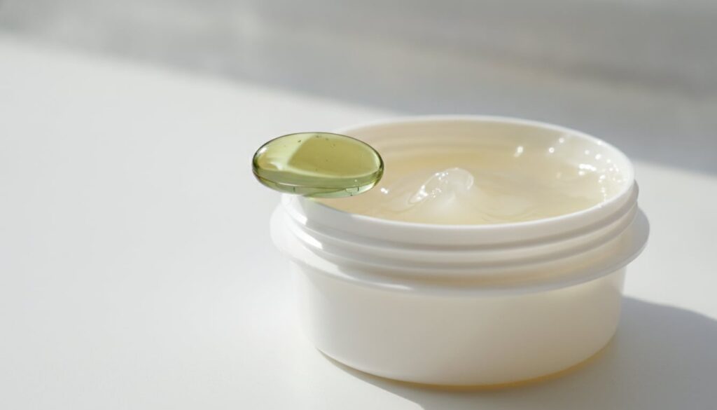 A close-up of a green gel capsule and a tub of Vaseline highlighting the two main ingredients of the beauty recipe