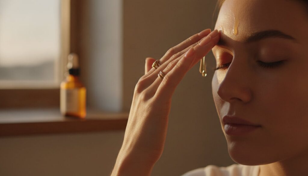 A person s hand gently massaging a few drops of the homemade oil onto their clean face focusing on the forehead and chee