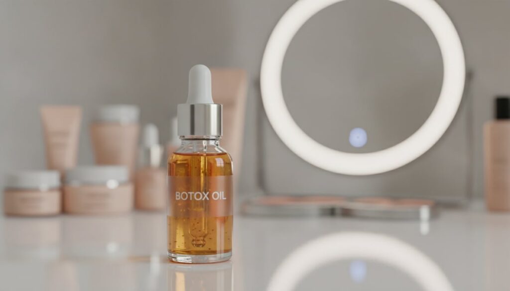 Close-up of a small glass dropper bottle of the Botox Oil showing the amber color of the infused oil with a blurred back