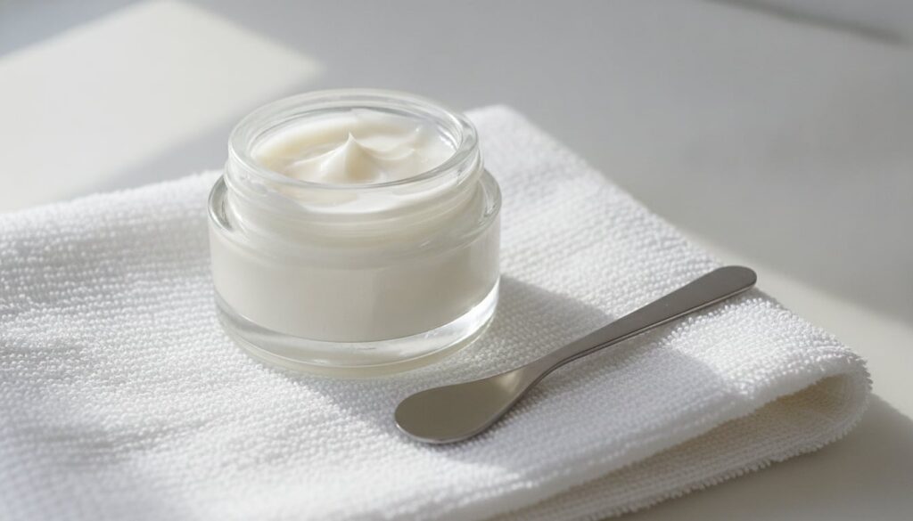 A small glass jar filled with the freshly made Vaseline wrinkle cream with a small spatula beside it on a soft clean tow