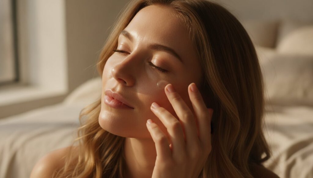 A woman gently applying the homemade Vaseline balm to her face specifically around her eye area with a soft focus on her
