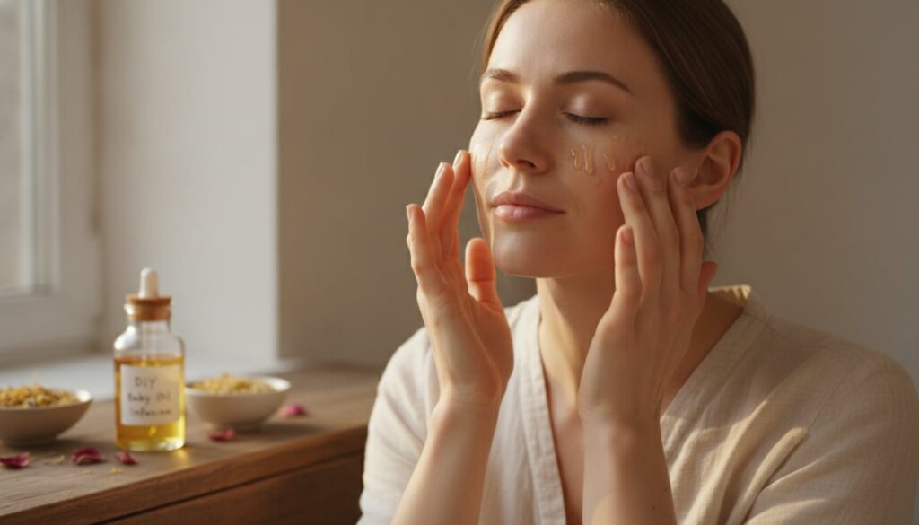 A woman gently massaging a few drops of the DIY baby oil infusion onto her face focusing on her cheeks and forehead with