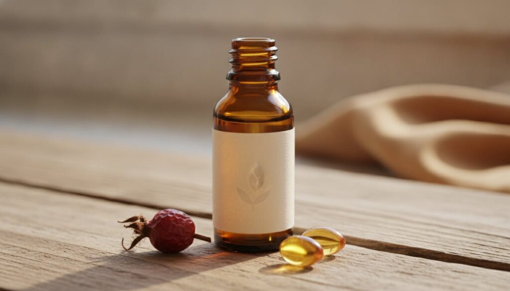 Close-up of a small glass dropper bottle with an elegant label next to a rosehip and a vitamin E capsule on a wooden sur