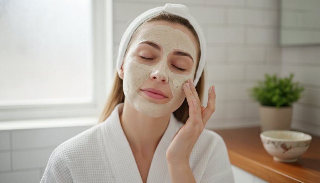 A woman gently applying a DIY face mask to her clean face in a bathroom setting