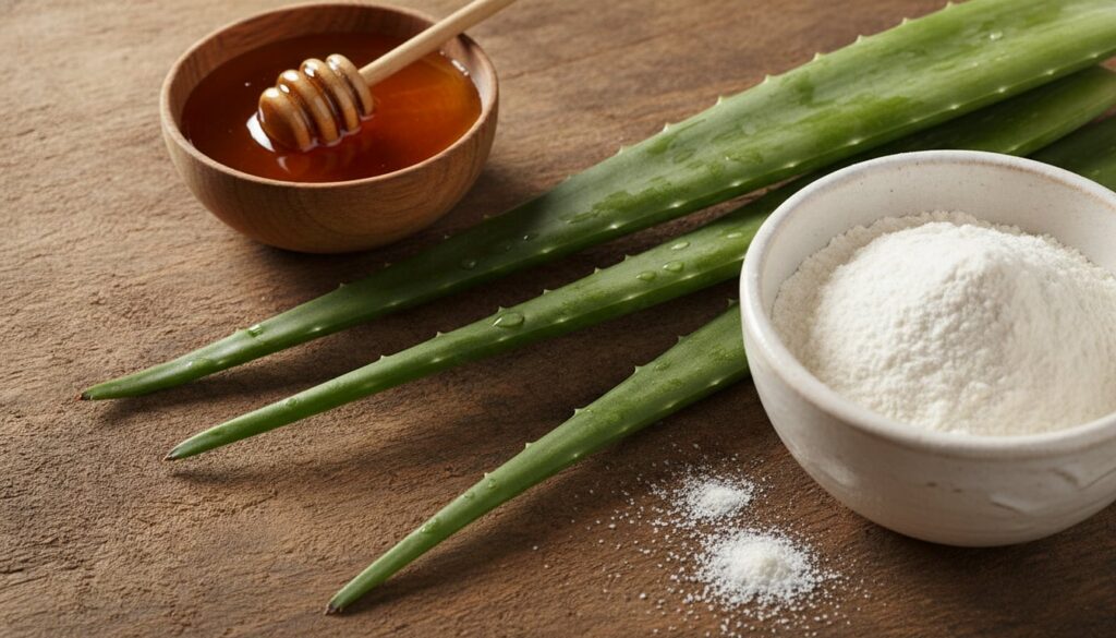 Close-up of fresh aloe vera leaves and a small bowl of honey next to a bowl of white rice flour