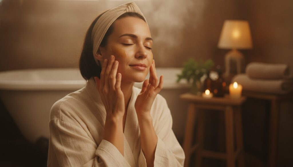 A woman gently massaging the DIY oil blend onto her face during her evening routine with soft ambient lighting creating 