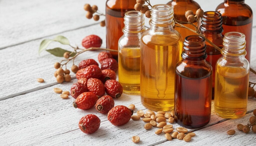 Various small amber glass dropper bottles filled with golden and reddish oils alongside fresh botanical elements like ro