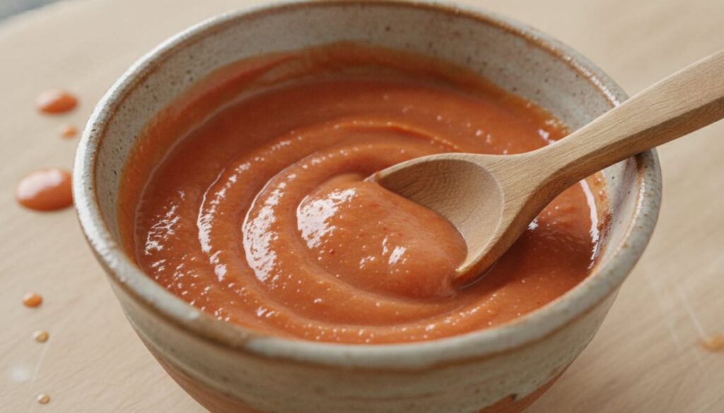 A close-up of a small bowl containing a reddish-orange paste indicating a tomato honey and yogurt mask with a mixing spo