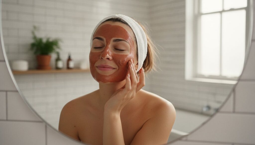 A woman gently applying a reddish face mask to her cheek in a bright bathroom setting illustrating the application step