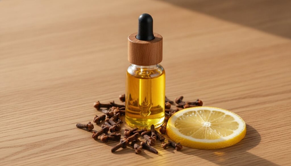 A close-up of a small glass dropper bottle filled with golden clove-infused oil with a few whole cloves and a lemon slic