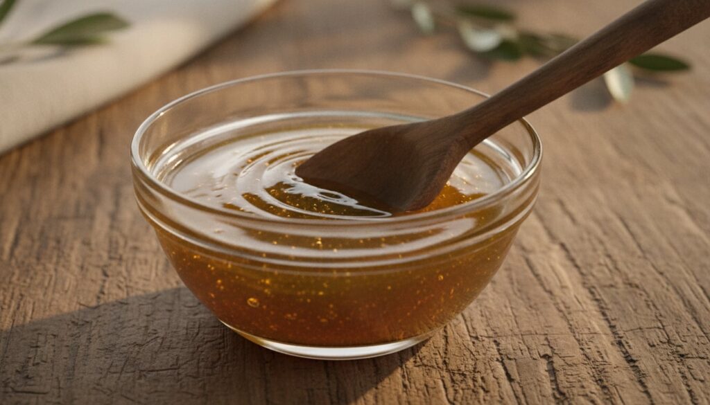 Close-up of a small glass bowl containing a mixture of honey and olive oil being gently stirred with a wooden spoon The 