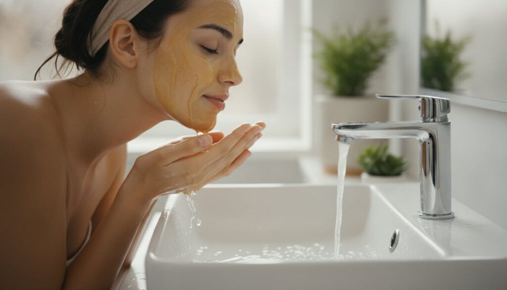 A woman gently rinsing a honey and olive oil mask from her face over a sink her skin looking fresh and clear The lightin