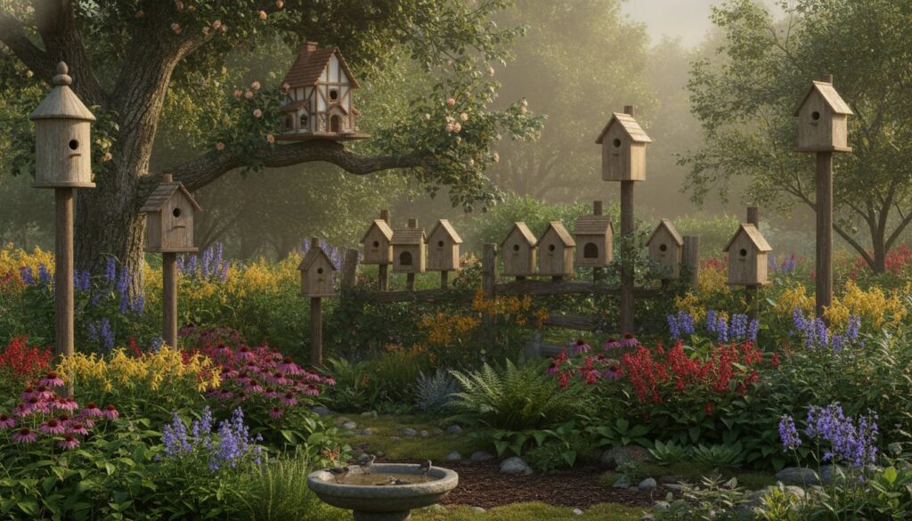 A variety of birdhouses and nesting boxes designed for different bird species mounted in a garden setting with some nati