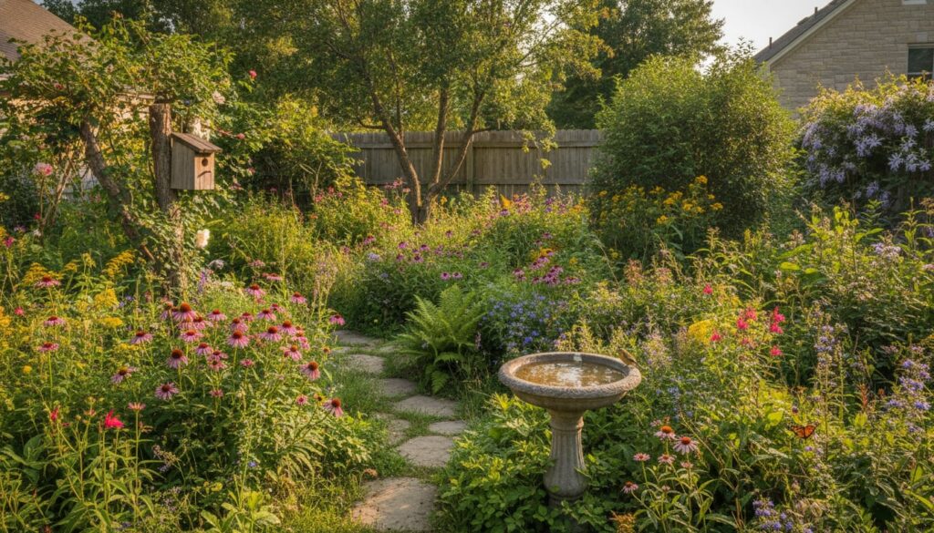A beautiful naturalized backyard garden with a variety of native plants a bird bath and maybe a small birdhouse or two d