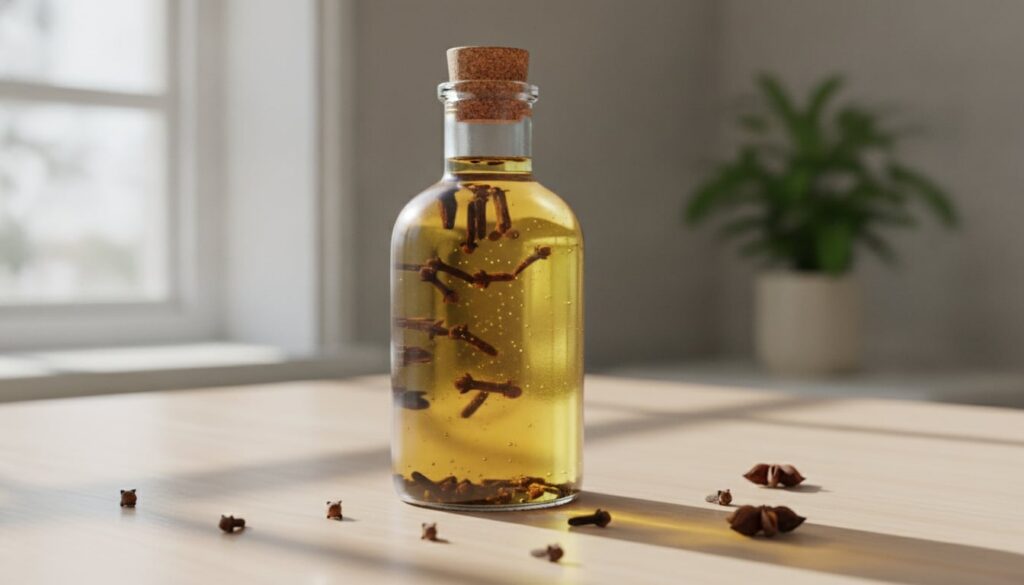 A small glass bottle filled with baby oil and whole cloves sitting on a countertop