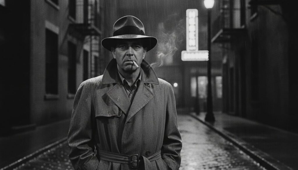 Humphrey Bogart in a trench coat and fedora