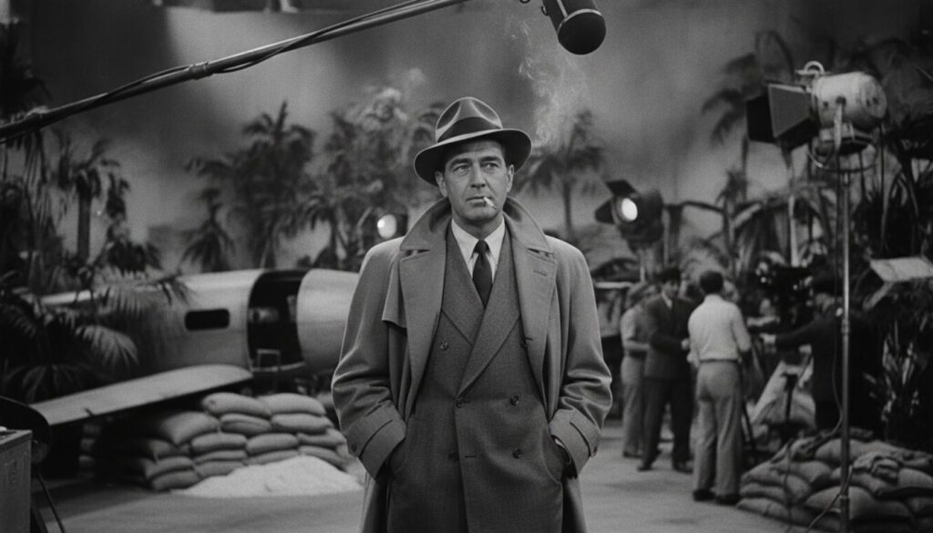 Humphrey Bogart on a film set looking cool and composed