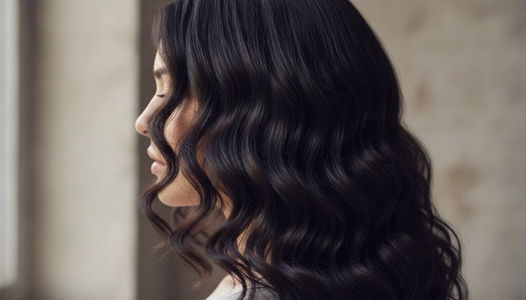 A person showing off their shiny healthy hair after consistent use of a hair oil implying positive results
