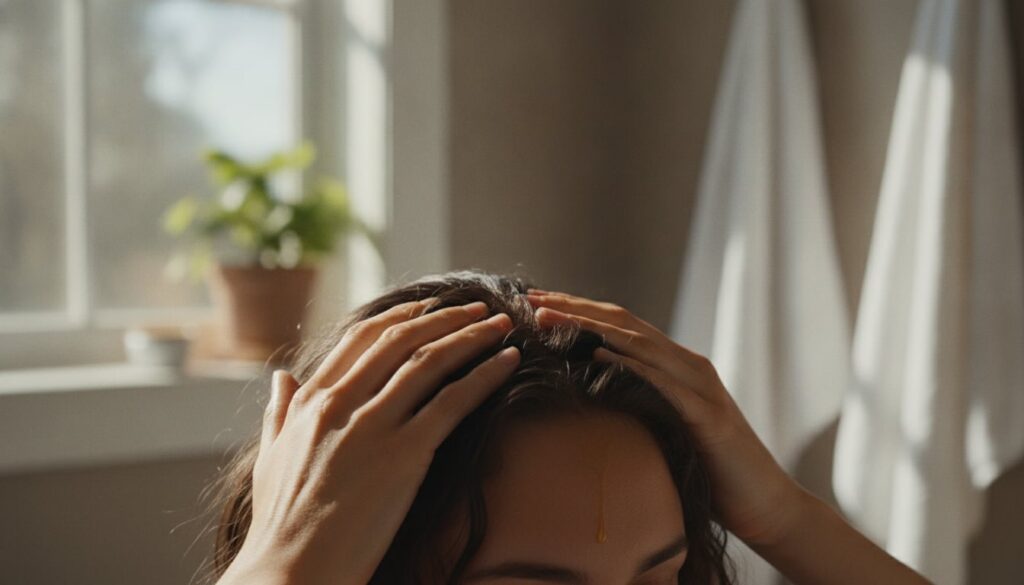 A person gently massaging the red onion hair oil into their scalp with fingertips showing proper application technique