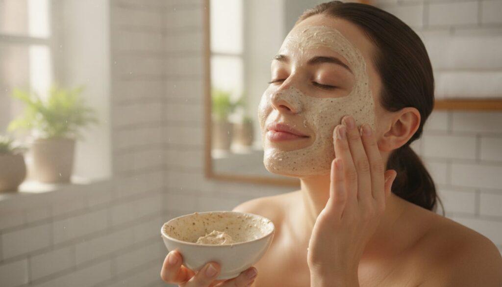 A woman applying a creamy homemade facial scrub to her cheek with gentle circular motions her skin glowing softly