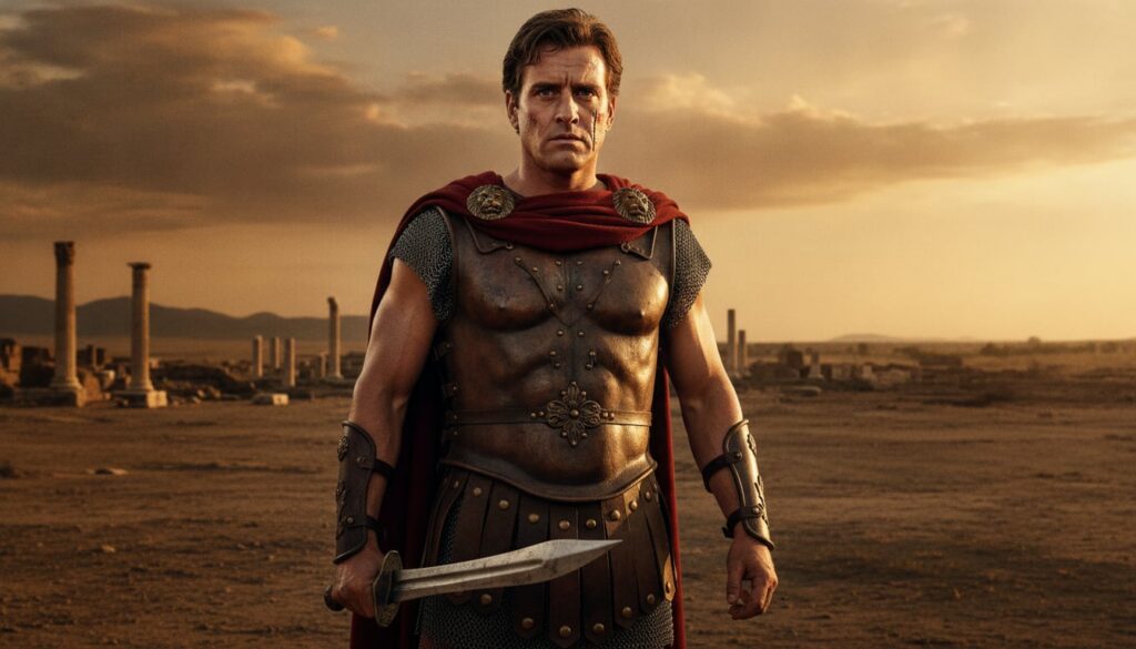 Kirk Douglas in his prime perhaps from the film Spartacus looking strong and intense