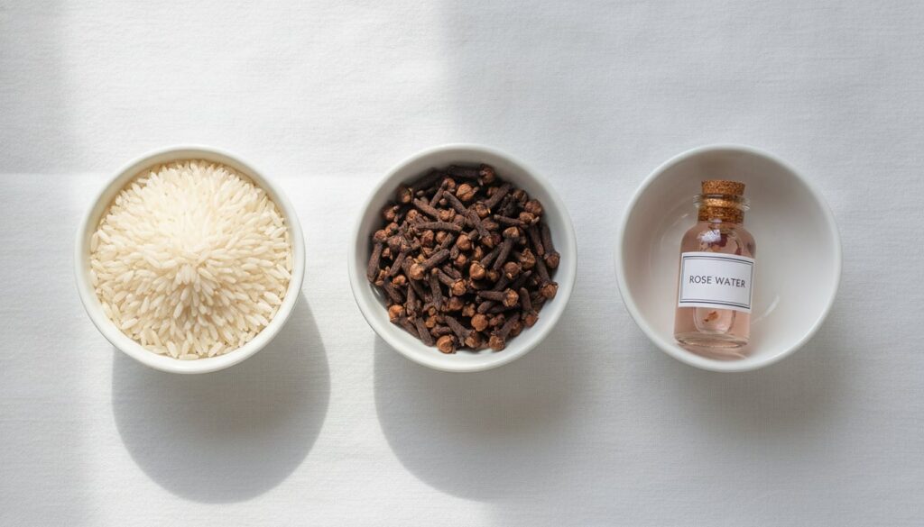 Individual small bowls containing uncooked white rice whole cloves and a small bottle of rose water arranged neatly on a