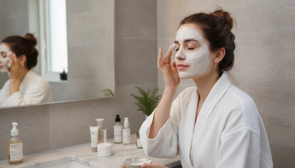 A woman gently applying a white face mask to her clean face with a soft glowing complexion in a bright bathroom setting