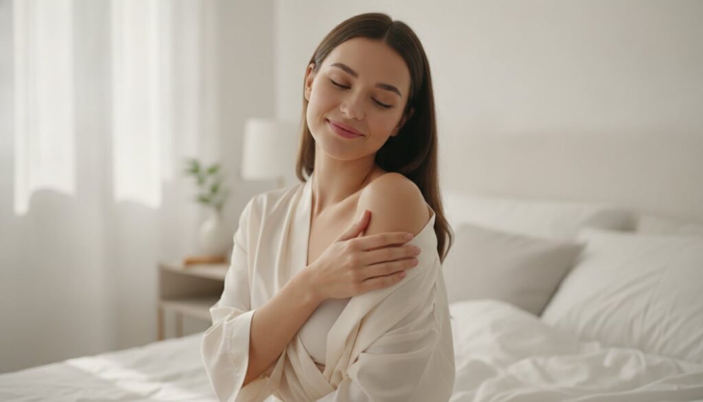 A woman gently touching her underarm showcasing smooth healthy-looking skin emphasizing self-care and confidence