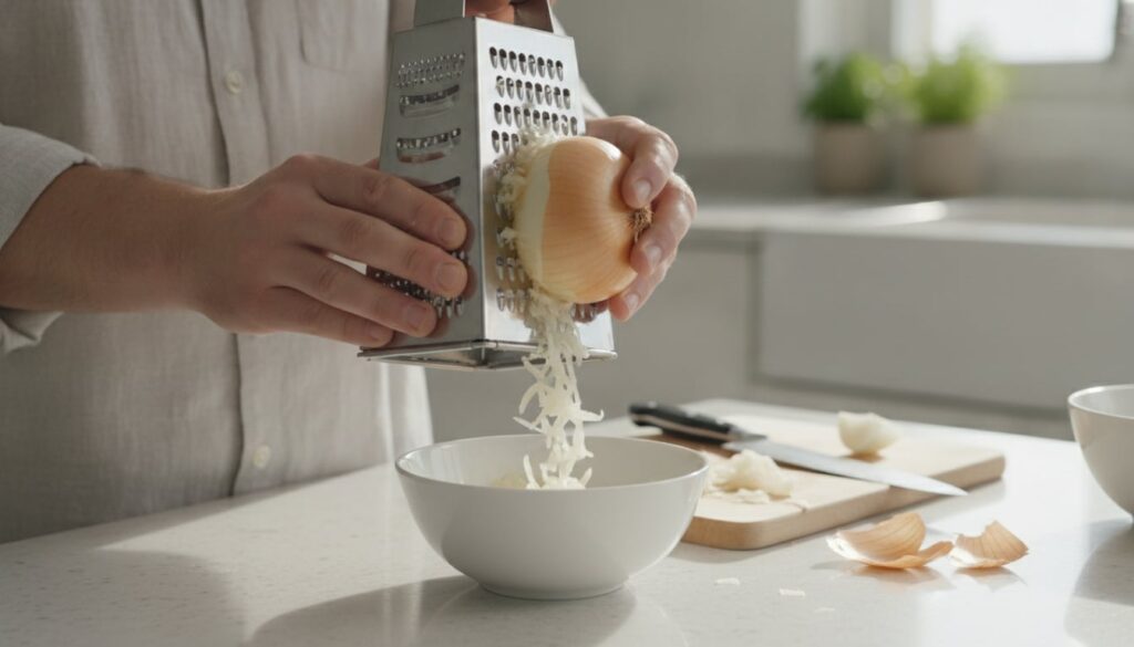 Close-up of hands preparing an onion for a DIY remedy showing a person grating or finely chopping the onion