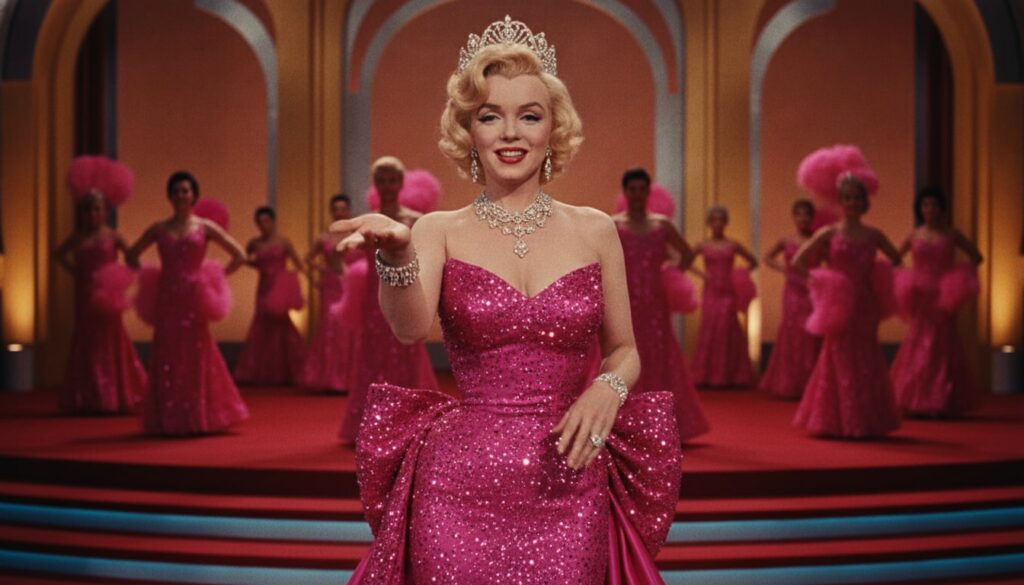 A real film still from Gentlemen Prefer Blondes featuring Marilyn Monroe in a lavish costume
