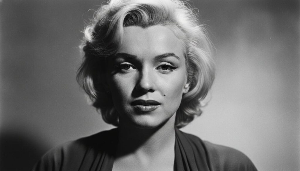 A real black and white close-up portrait of Marilyn Monroe emphasizing her facial features and iconic beauty mark