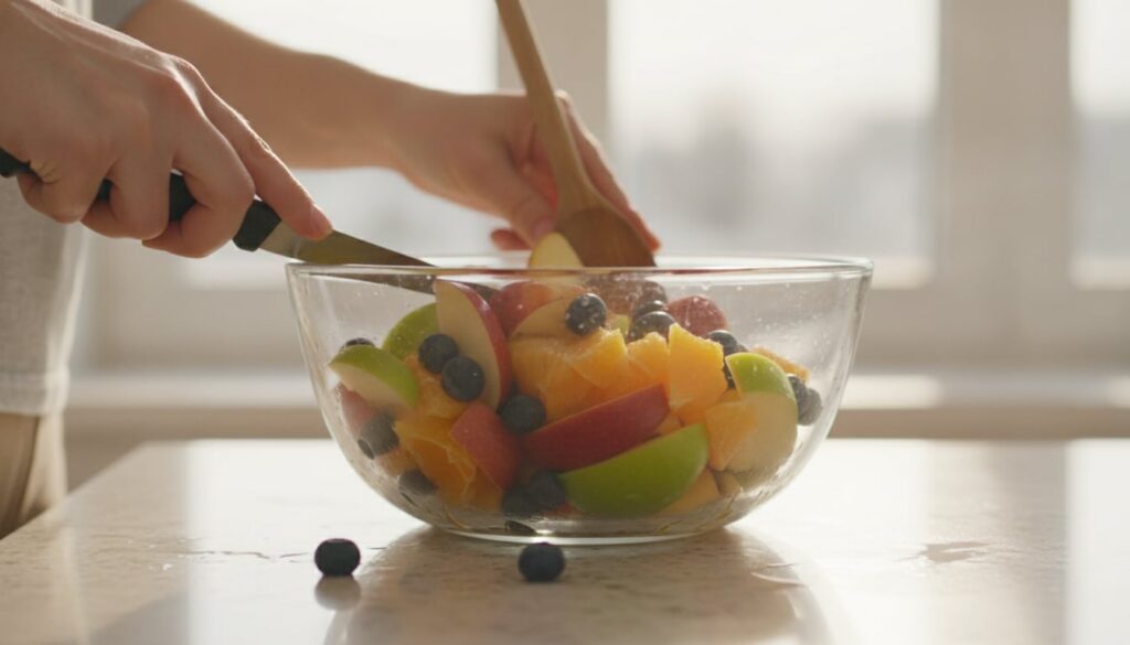 A person s hands preparing a colorful fruit salad with various sliced fruits including those mentioned like apples blueb