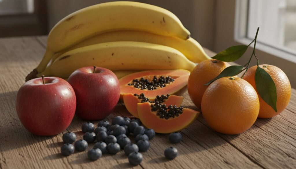 A vibrant assortment of fresh fruits including bananas red apples blueberries slices of papaya and whole oranges beautif