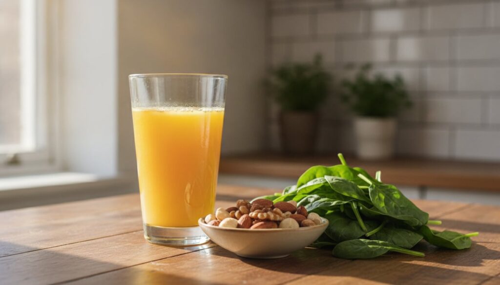 A glass of orange juice next to a bowl of nuts and some spinach representing iron absorption enhancers