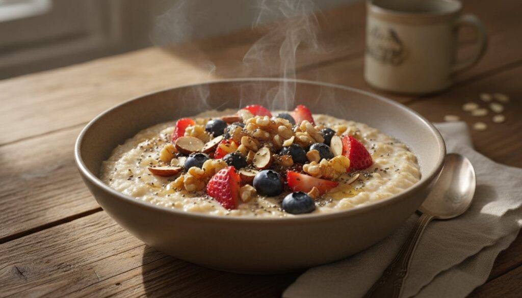 A vibrant bowl of oatmeal topped with various nuts seeds and fresh berries showcasing a healthy breakfast
