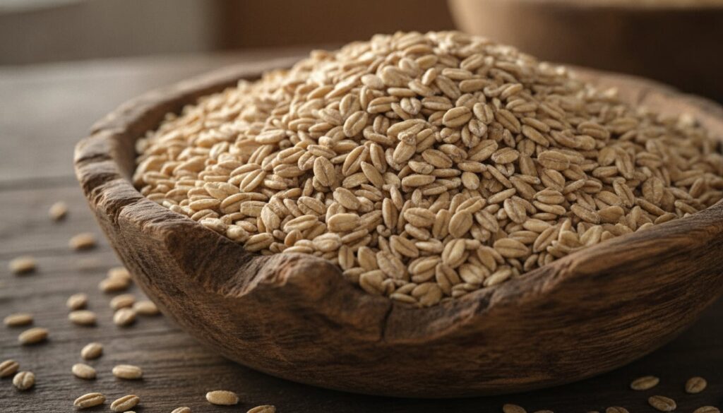 Close-up of raw oat groats in a wooden bowl showcasing their whole unprocessed form