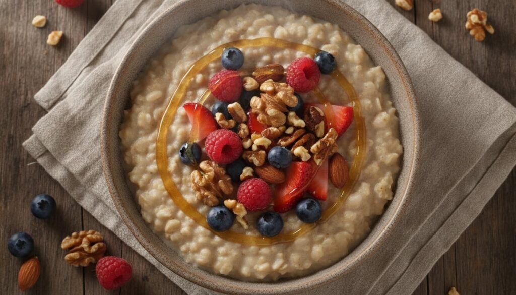 A close-up shot of a bowl of creamy cooked steel-cut oats topped with fresh berries and nuts emphasizing a healthy break