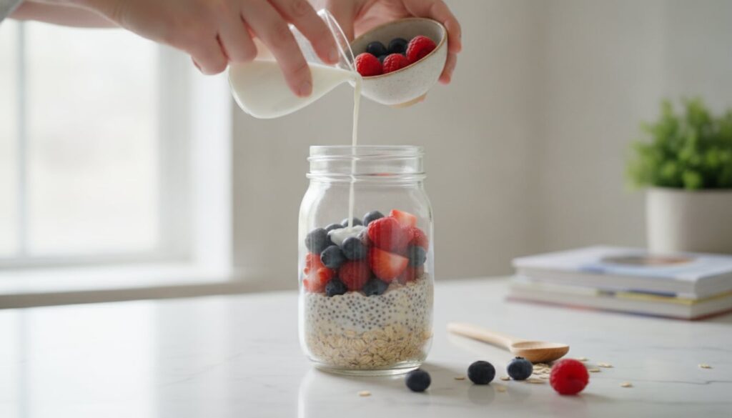 A person preparing overnight oats in a jar adding various toppings like fruit and chia seeds on a kitchen counter
