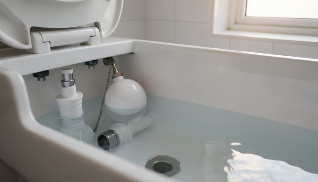 A perfectly clean and sparkling toilet tank showing the internal mechanisms free of grime and deposits with clear water