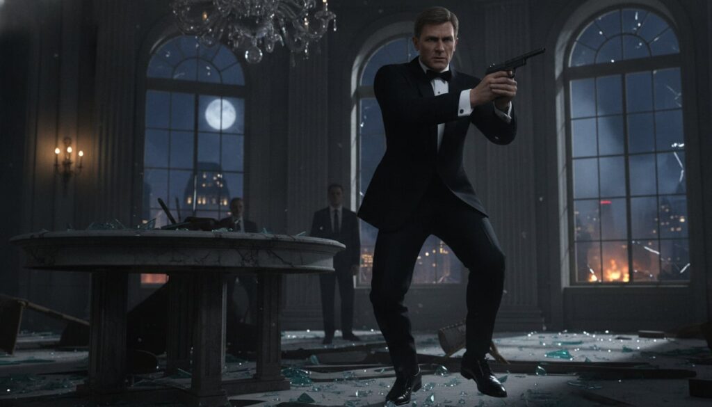 A real film still of Pierce Brosnan as James Bond in a tuxedo looking intense