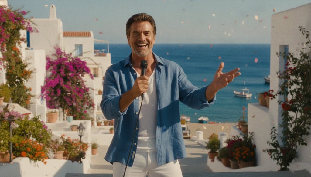 A real still from Mamma Mia featuring Pierce Brosnan singing or performing