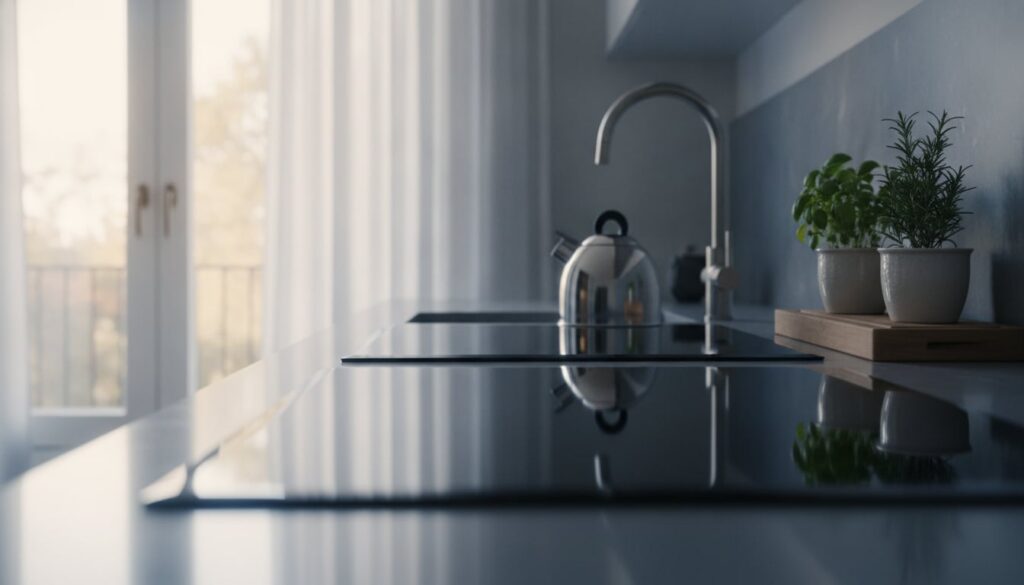 A perfectly clean and shining kitchen stovetop or countertop reflecting light with no visible grease or streaks A small 