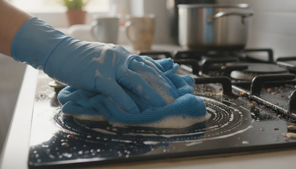 A person s hand wearing a rubber glove gently scrubbing a greasy stovetop with a blue microfiber cloth showing suds and 